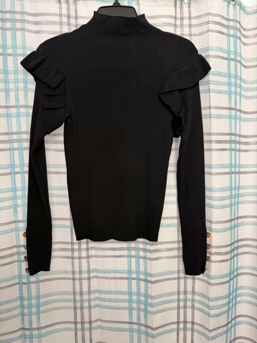 Black Ruffled Shoulder Ribbed Long-Sleeve Top with Gold Buttons - Picture 2 of 2
